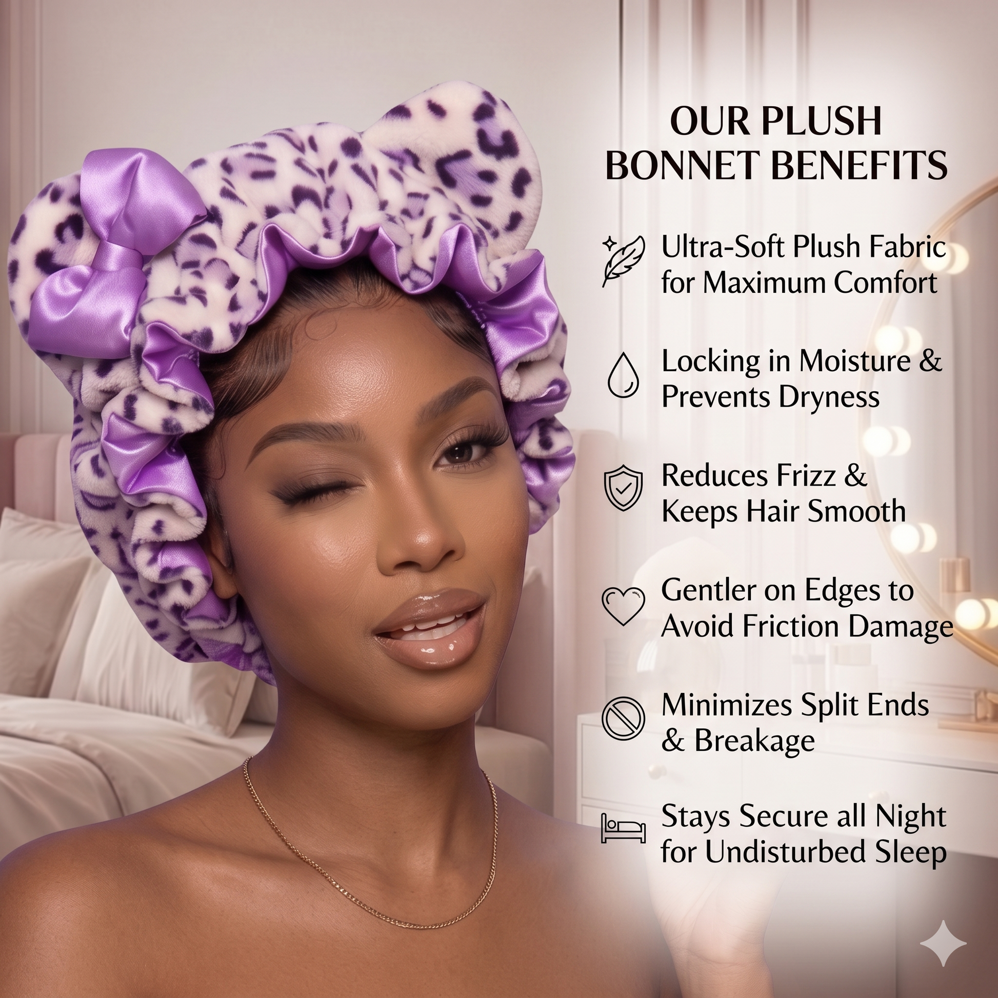 Frizz control satin lined adjustable sleep bonnet for women, lavender plush night cap for curly braids and locs
