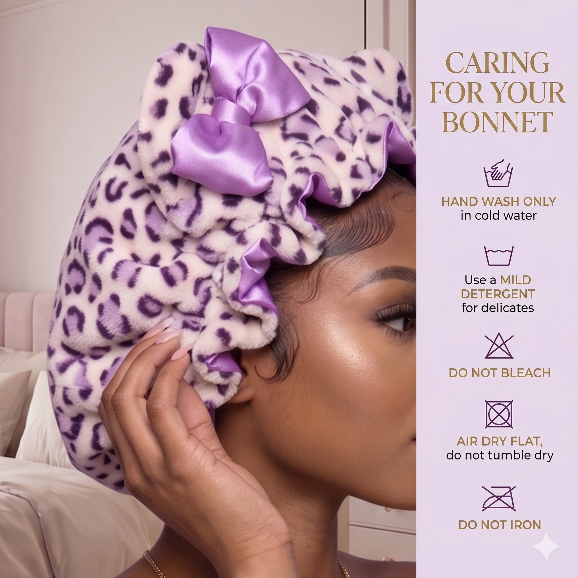 Premium luxury plush satin night cap bonnet for women, lavender adjustable sleep cap for natural hair protection