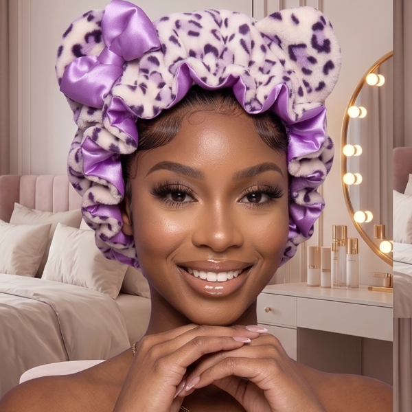 Women's luxury lavender satin sleep bonnet with adjustable band, plush night cap protecting curly natural hair braids and locs