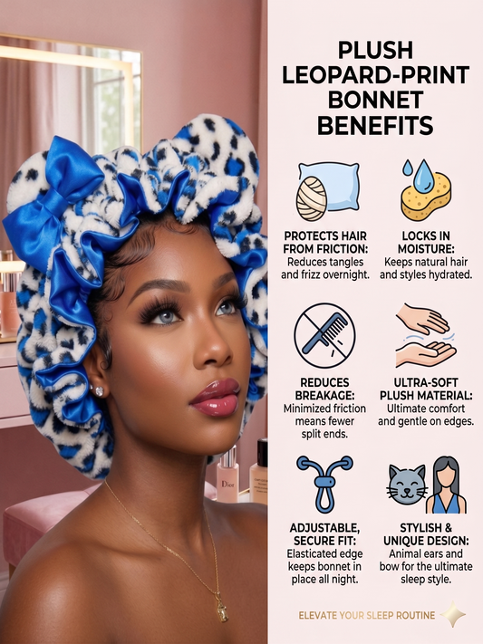 Blue leopard print sleep bonnet for curly hair