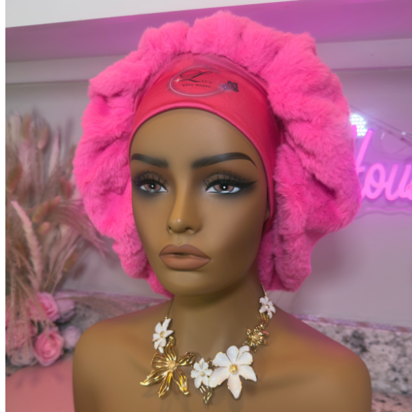 Cotton candy fur bonnet sleep cap for women