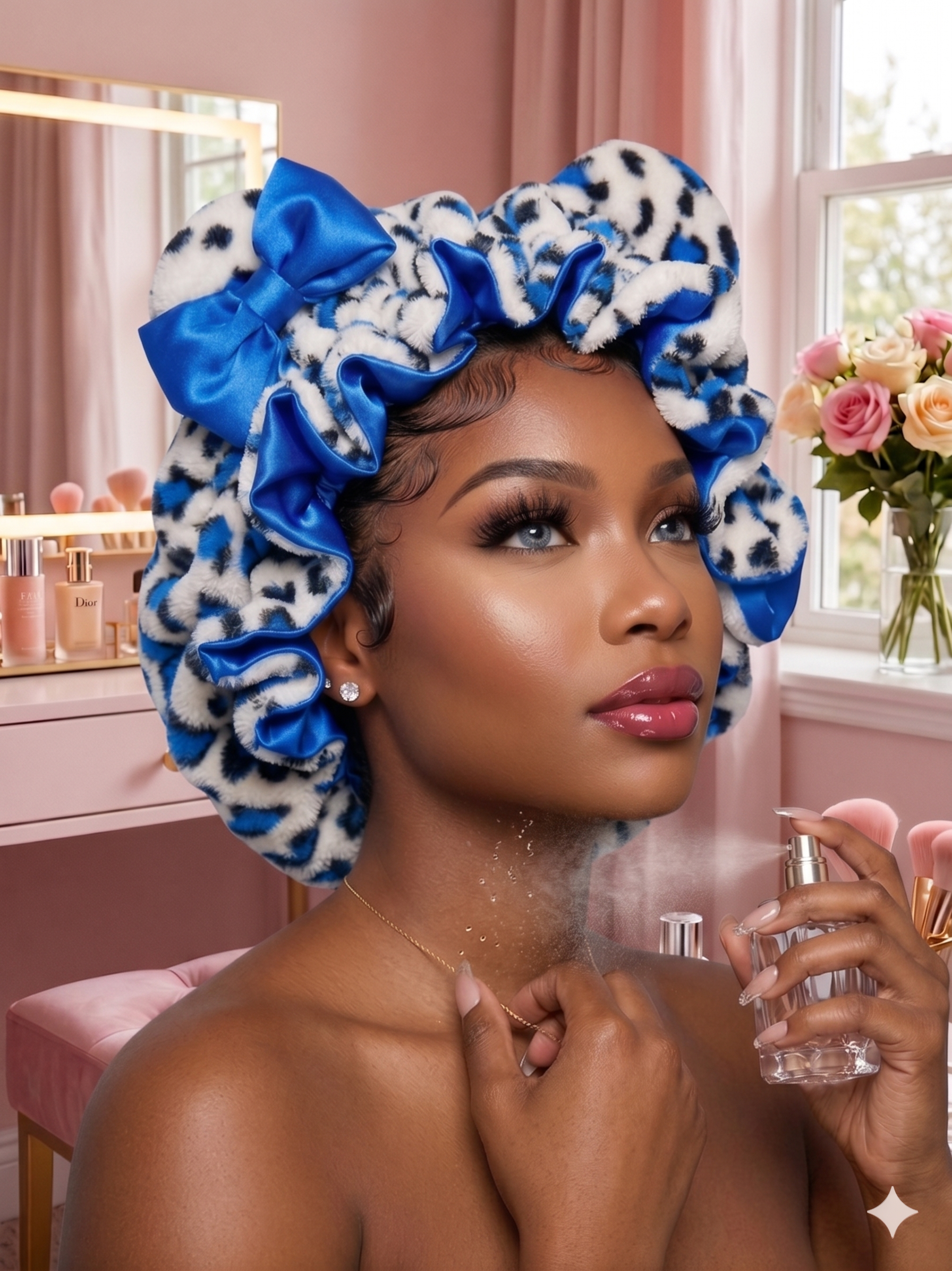 Cute blue sleep bonnet for adult women