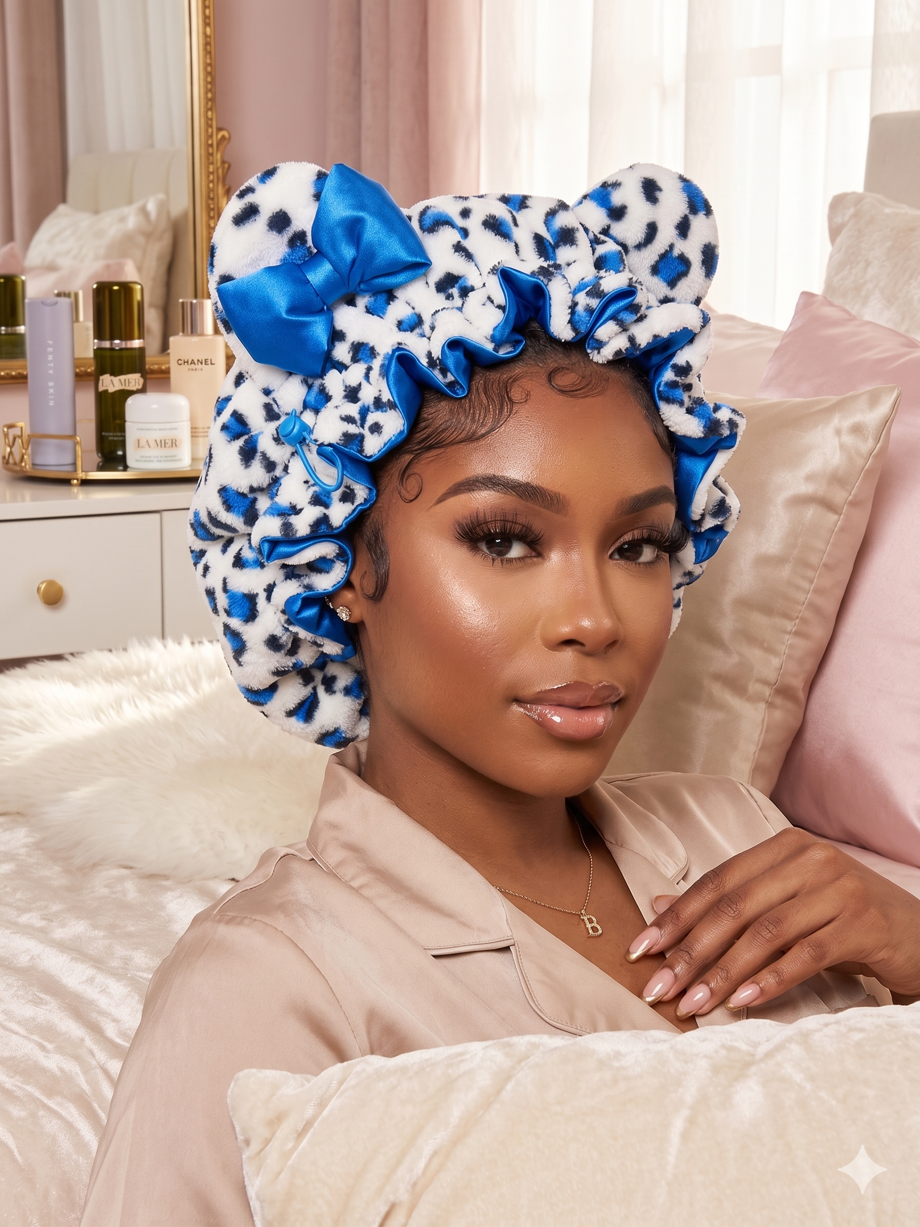 Blue leopard print plush hair bonnet for women