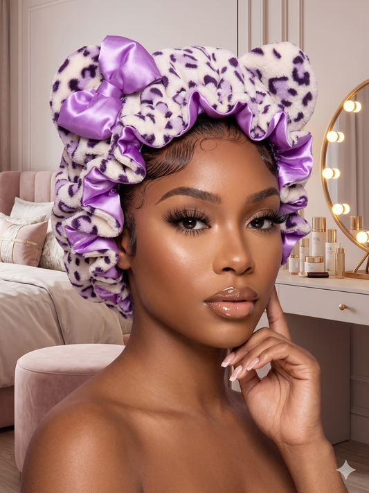 Lavender plush satin lined bonnet for women with curly natural hair, adjustable night cap for frizz control