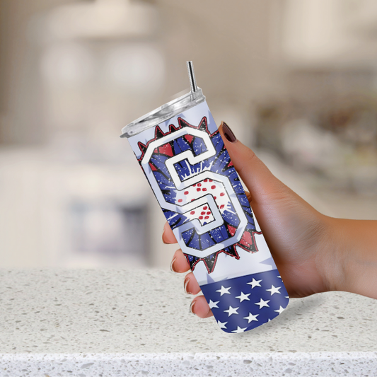 Patriotic coffee tumbler in red white and blue