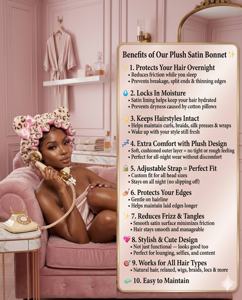 Pink plush hair bonnet for natural hair
