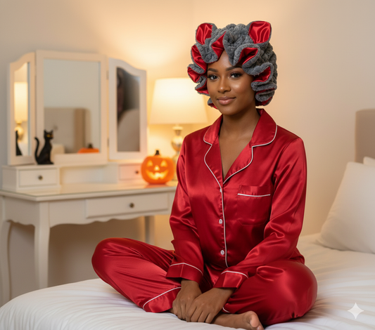 Red and grey plush teddy bear bonnet for women